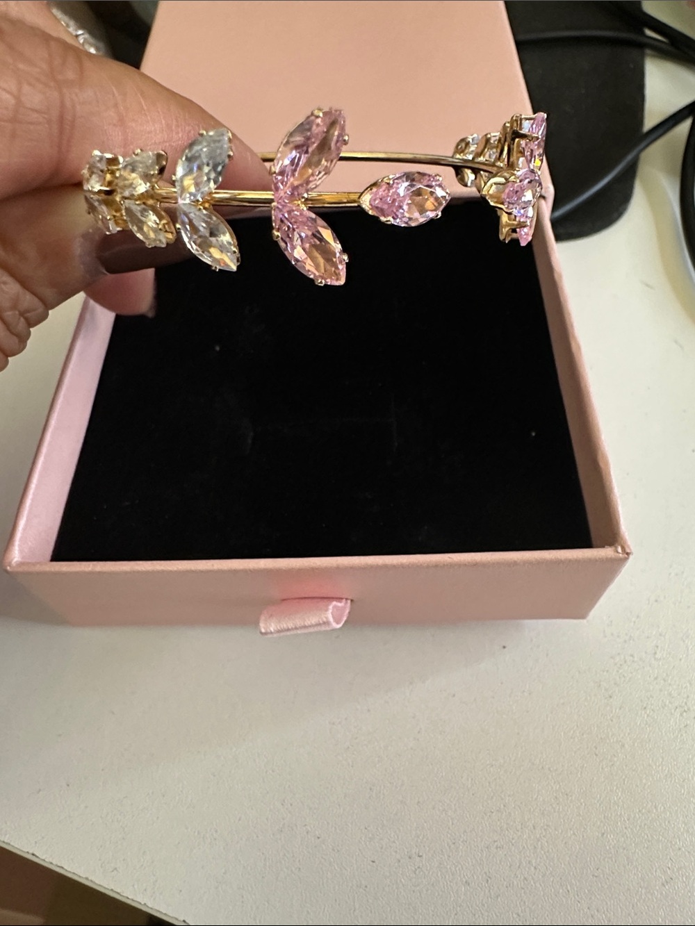 Gold Leaf Crystal Bangle with Pink and Clear Stones